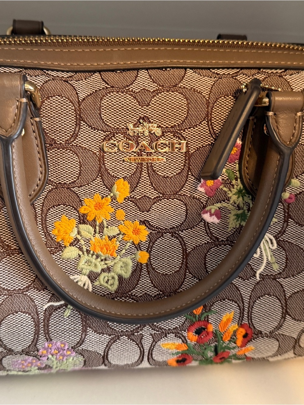 💐 Coach Brown Signature Rowan Crossbody with Embroidered Flowers